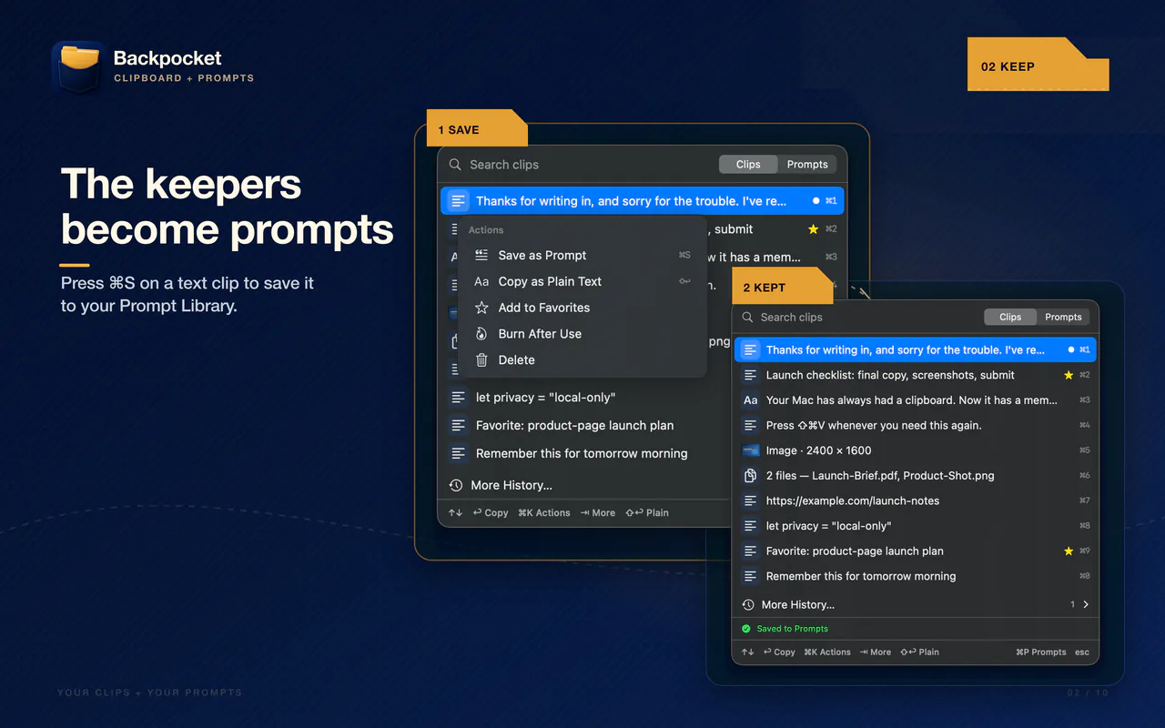 Backpocket saving a text clip as a prompt