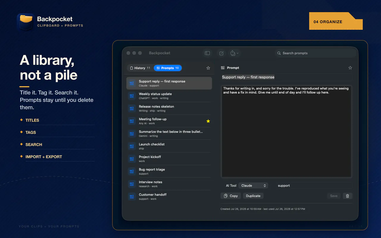 Backpocket prompt library with titles, AI Tool destinations, tags, search, import, and export