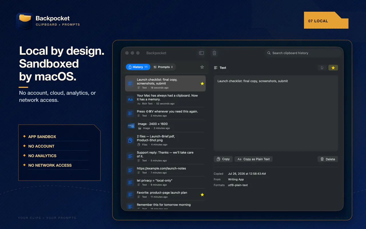 Backpocket local history beside its sandbox and no-network privacy facts