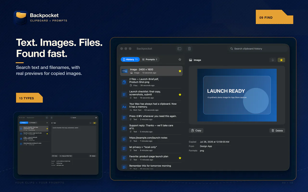 Backpocket searching text, image, and Finder-file clipboard items