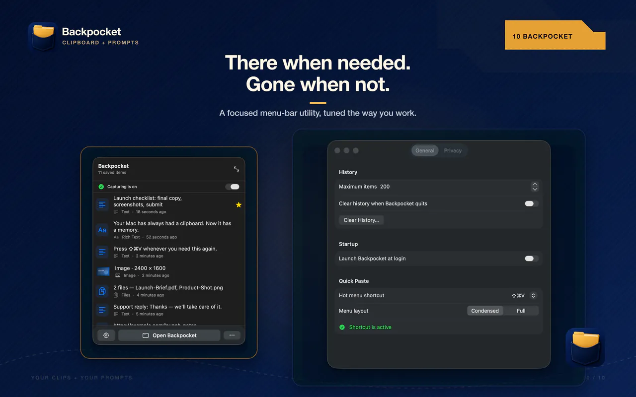 Backpocket menu-bar window and general settings