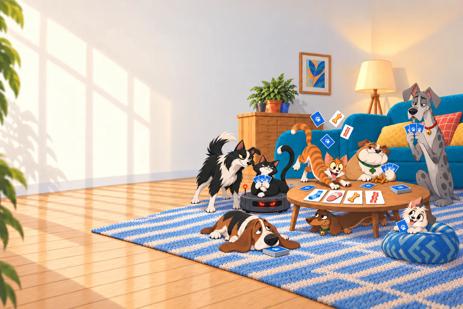 Os pets jogando cartas no tapete da sala: Mittens em cima do aspirador robô, os cachorros todos em volta