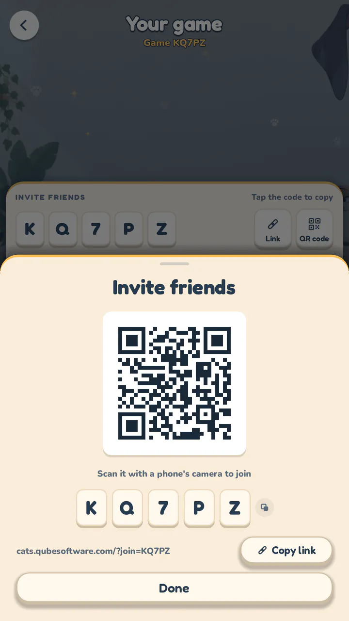 Convidando amigos com um código de partida e um QR code