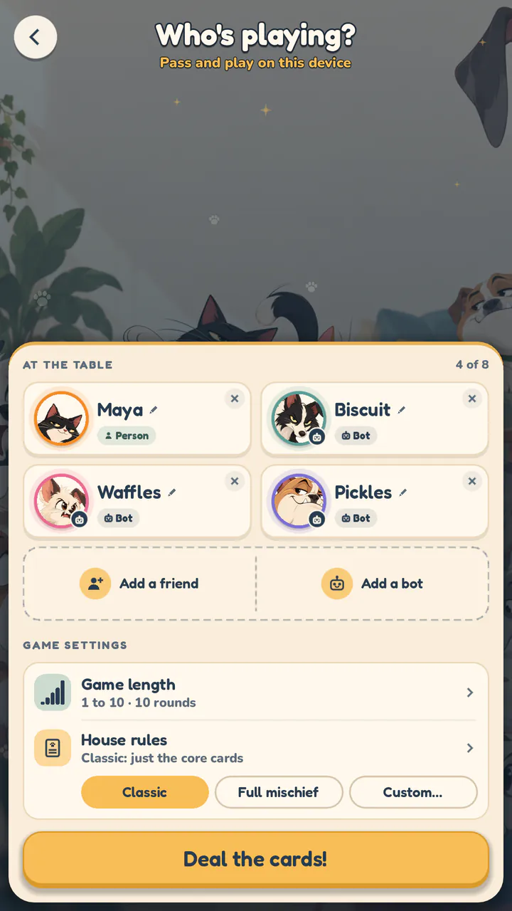 Escolhendo quem vai jogar: quatro lugares com nomes, pets e bots