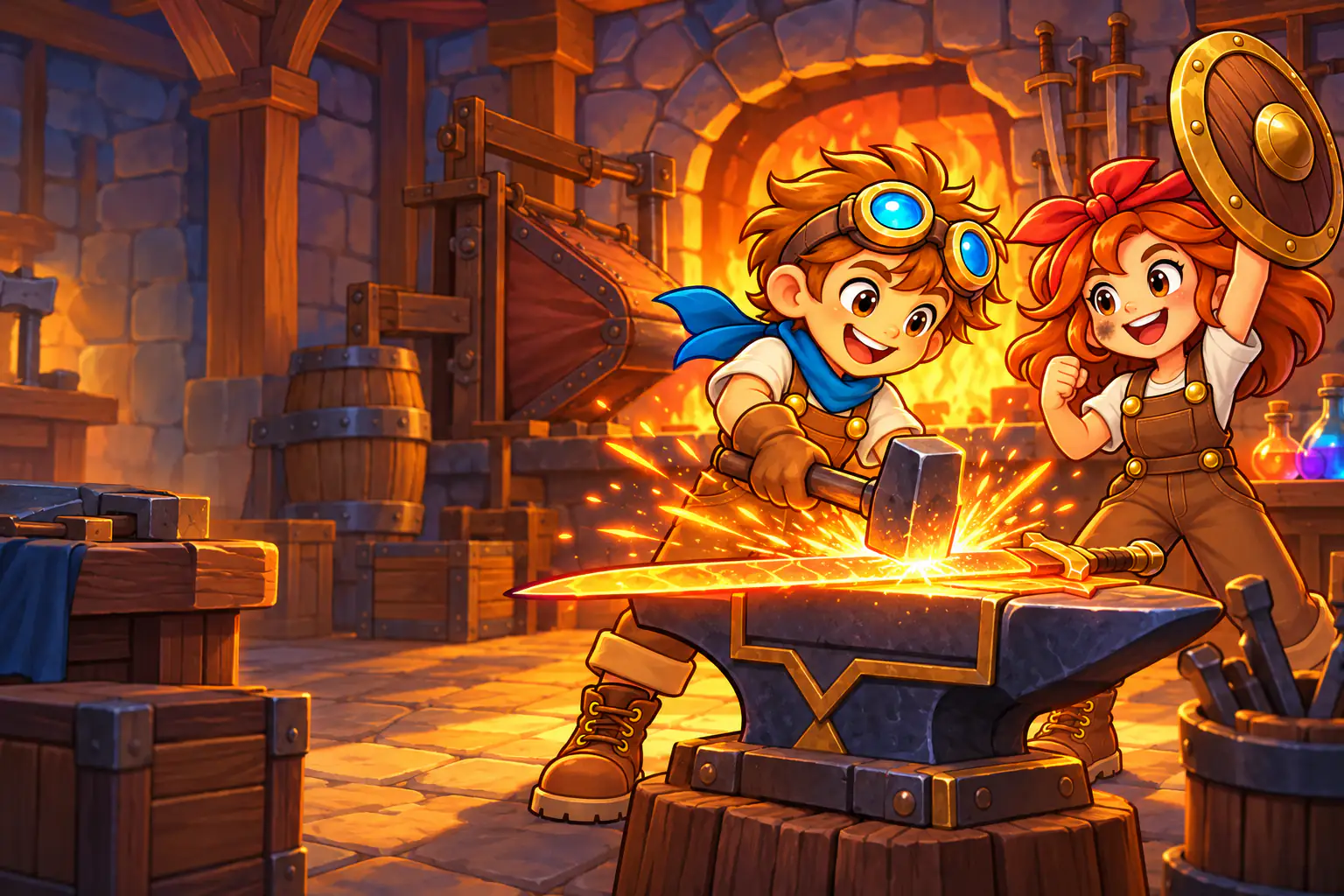 Illustration in Anvilry's style: the Apprentice in brass goggles hammers a flaming sword on an anvil while Mia cheers with her shield raised, sparks flying in a glowing forge.