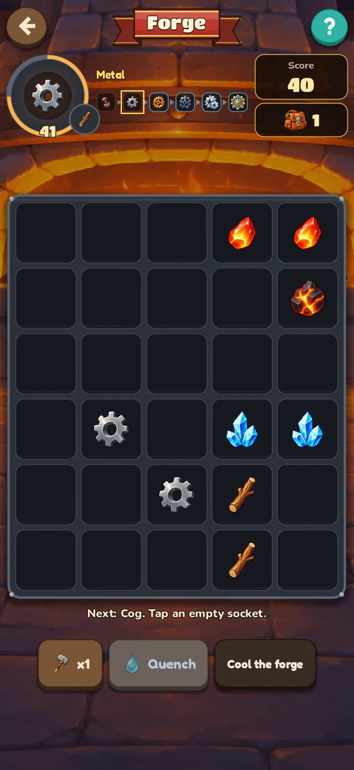 A Forge run: drop pieces, merge three alike, keep the chain going.