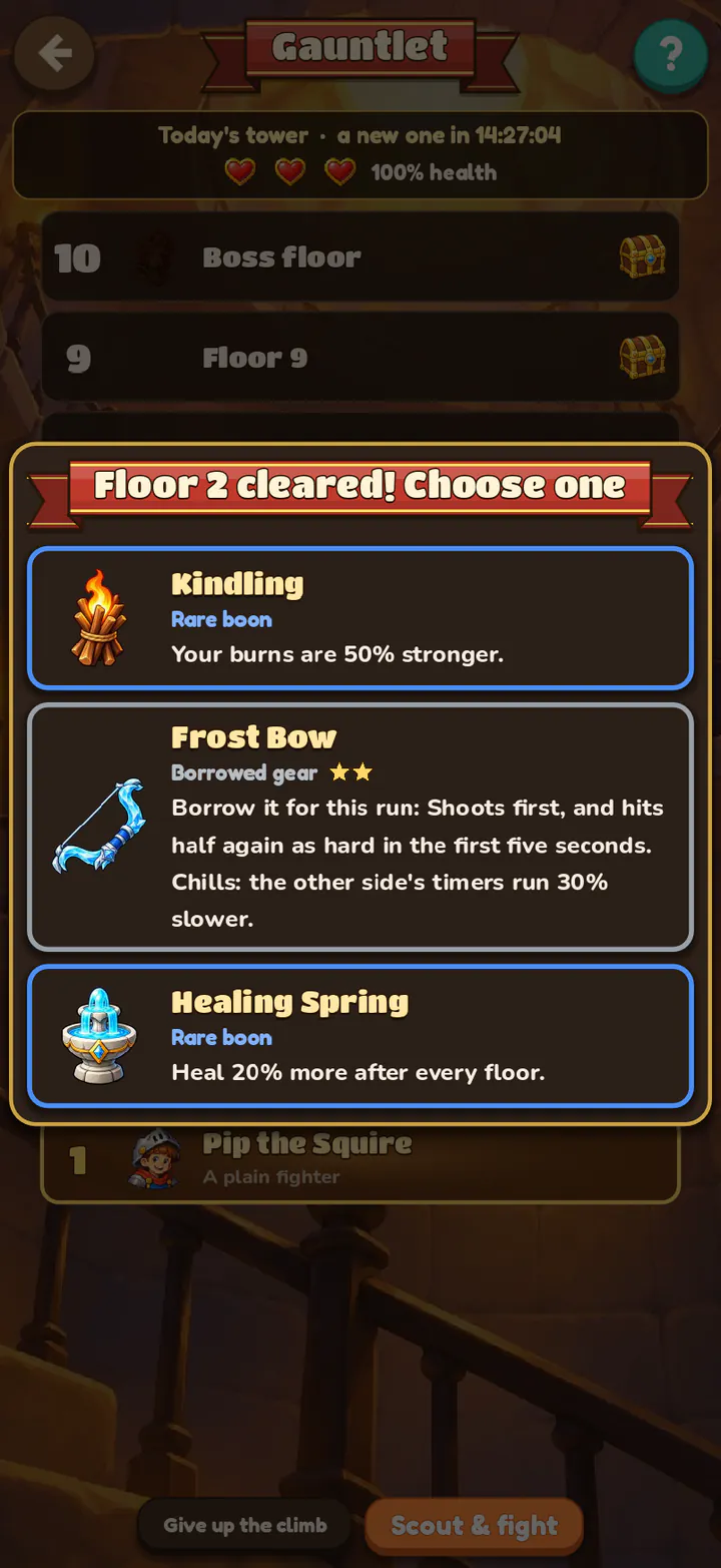 The Gauntlet: a floor cleared, three blessings to pick from.