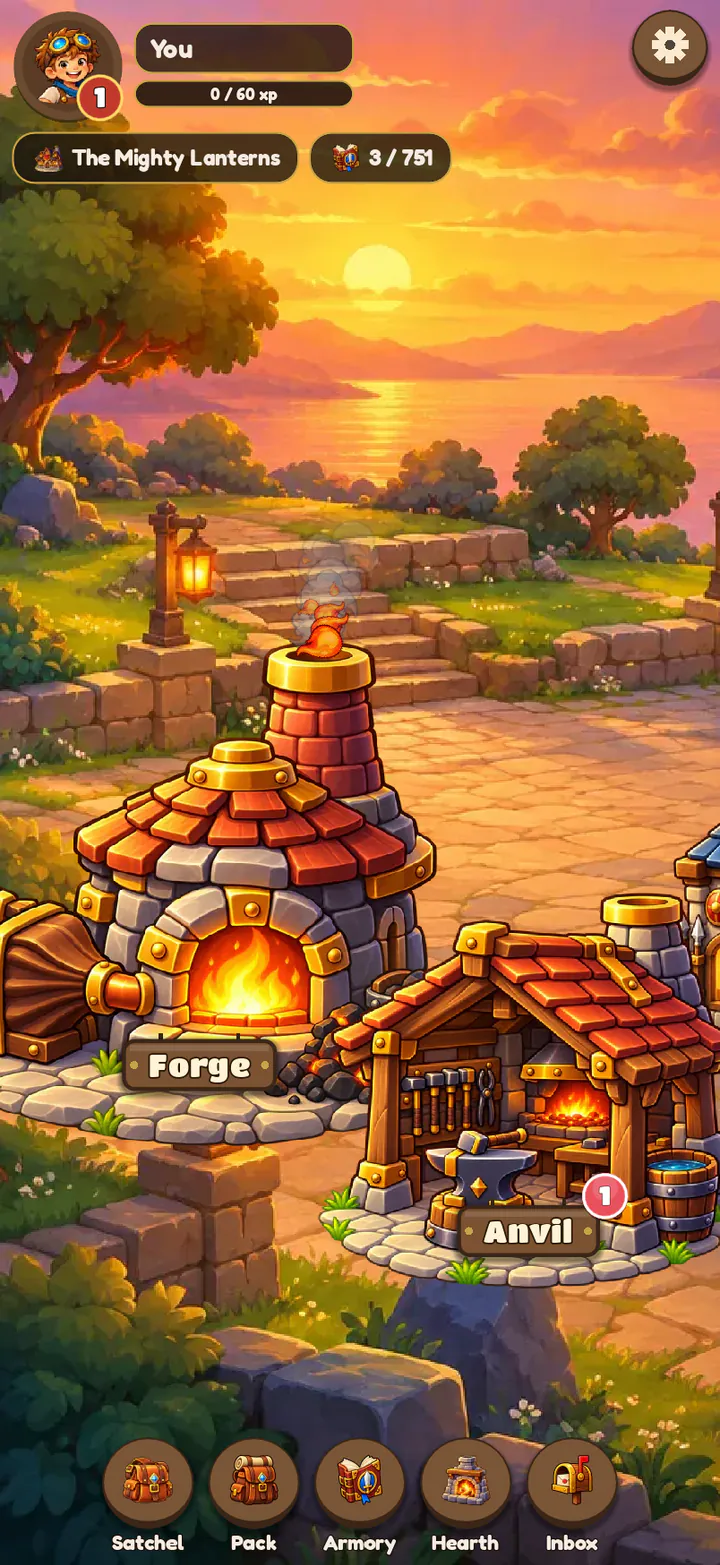 The village at sunset: tap a building to go there.