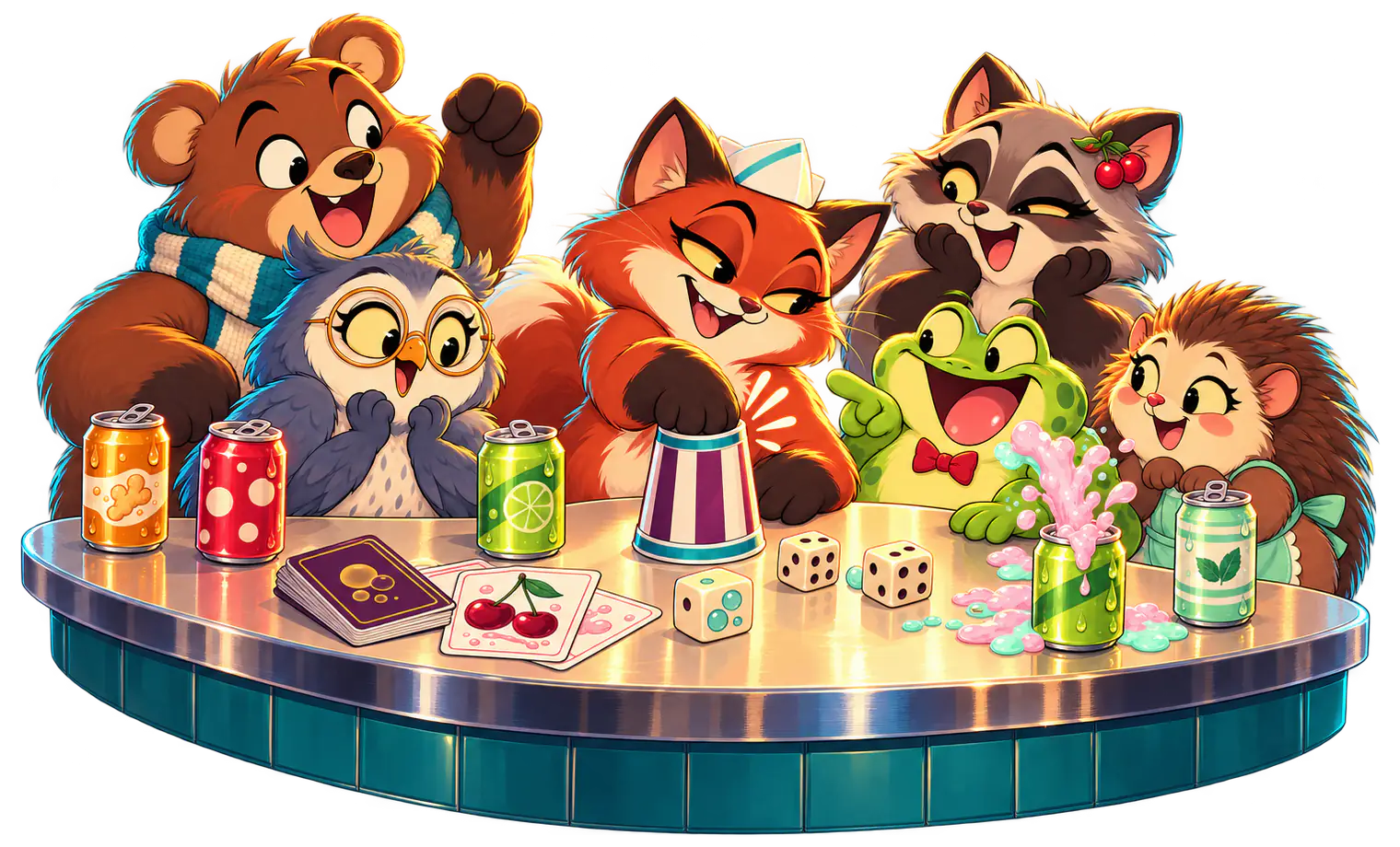 Rooty the bear, Colette the owl, Ginger the fox, Cherry the raccoon, Bubbles the frog and Mint the hedgehog crowd round a chrome counter with a striped cup, dice, flavour cards and their soda cans, one of them fizzing over.