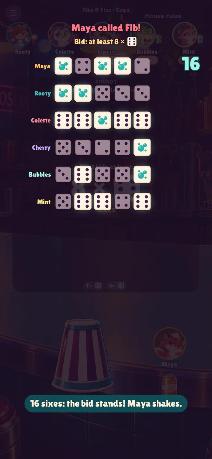 Fib! Every cup lifts: sixteen 6s, so the bid stands