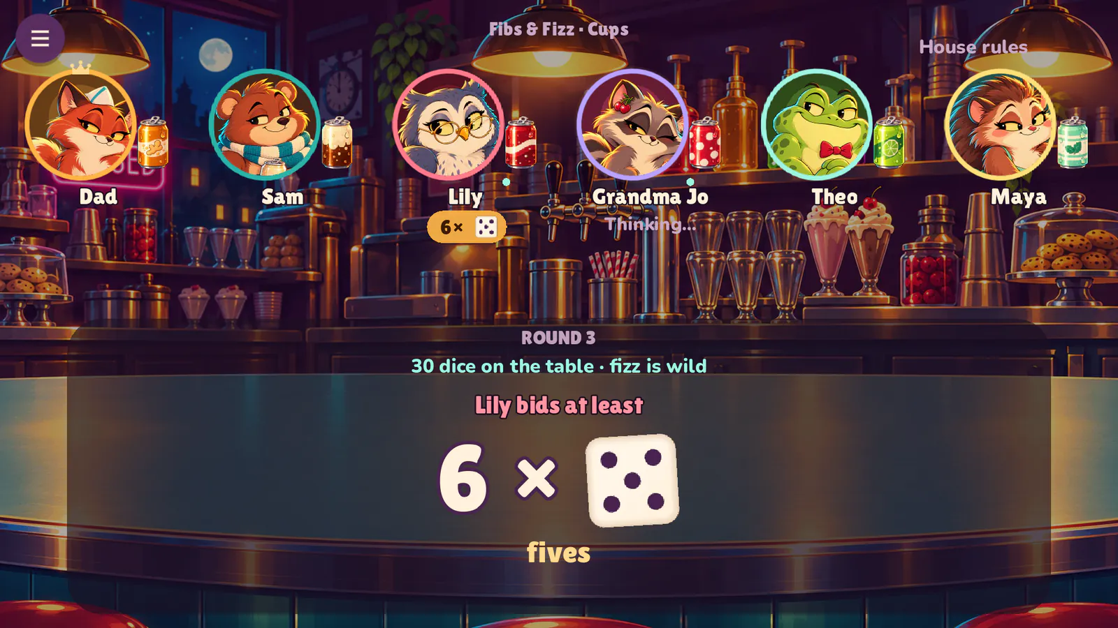 The table on a TV: six seats, every can, and the bid to beat