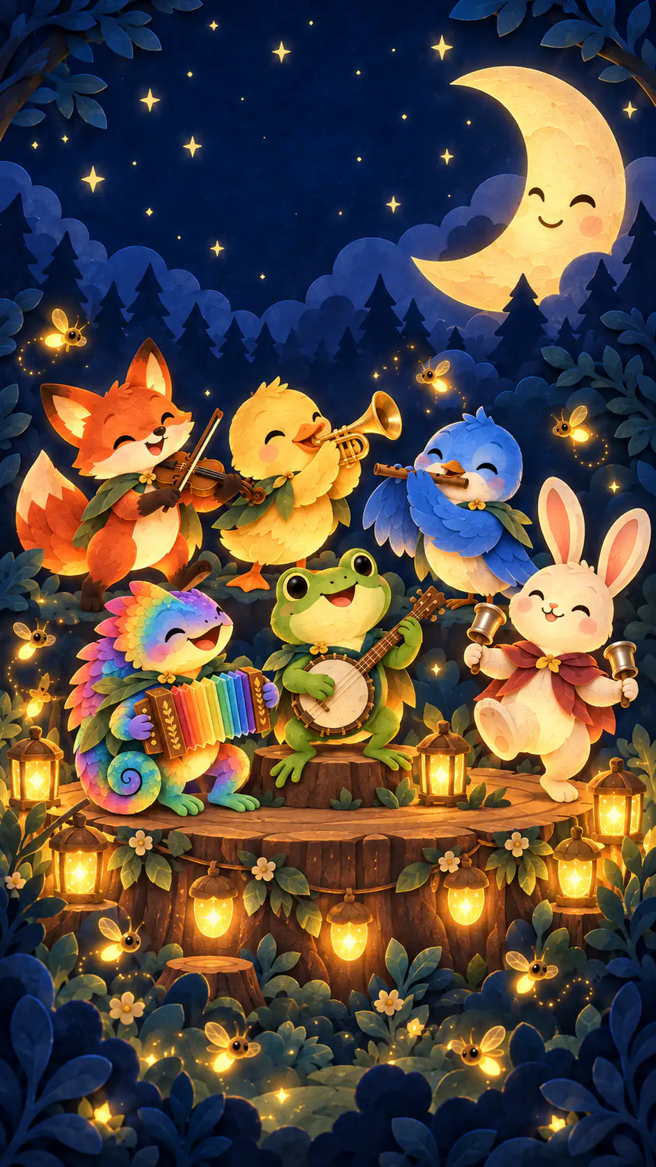 The woodland band plays on a tree stump under a smiling crescent Moon: a fox with a fiddle, a duckling with a trumpet, a frog with a banjo, a bluebird with a flute, a bunny with handbells and a chameleon with an accordion, among lanterns and fireflies.