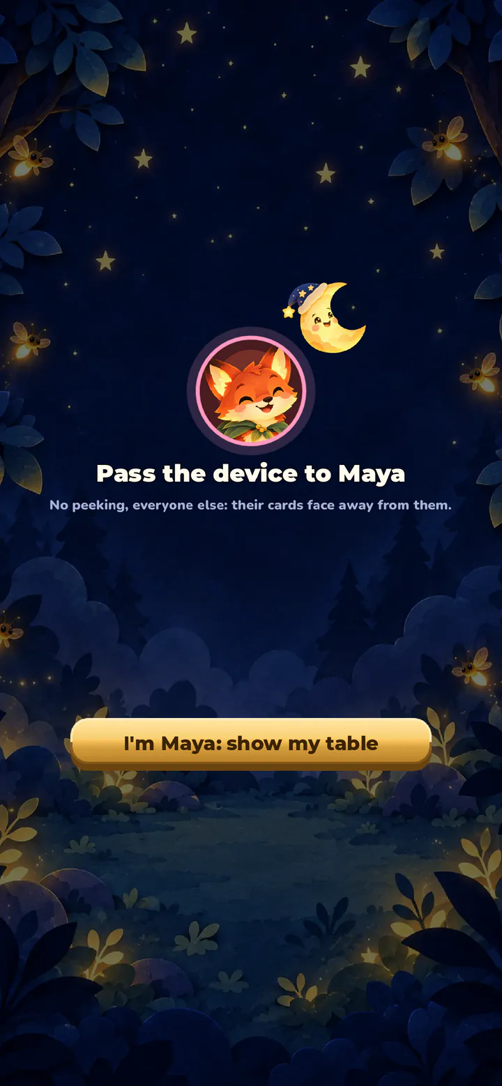 Sharing one phone: a curtain hides each player's own cards between turns.