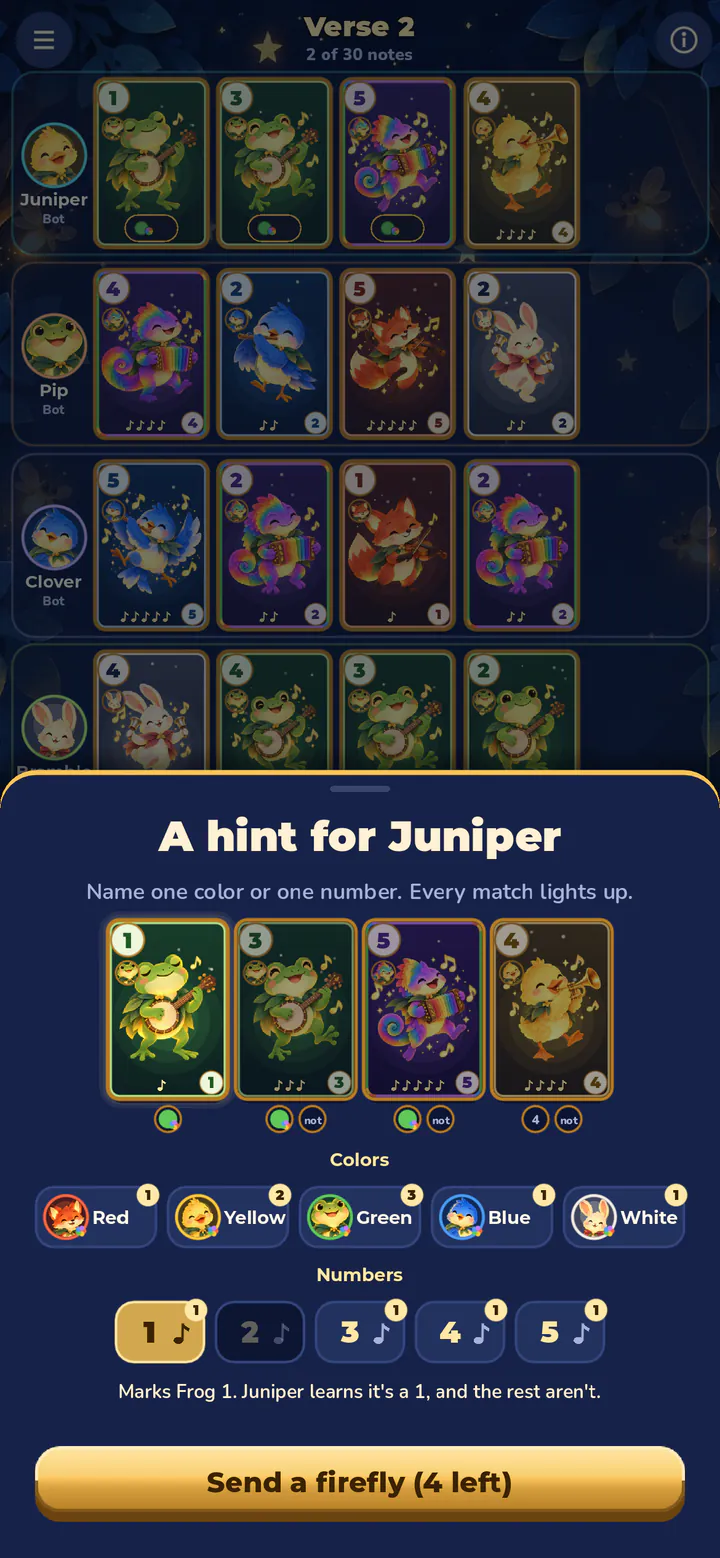 Choosing a hint for Juniper: name a number, and the matching card lights up.