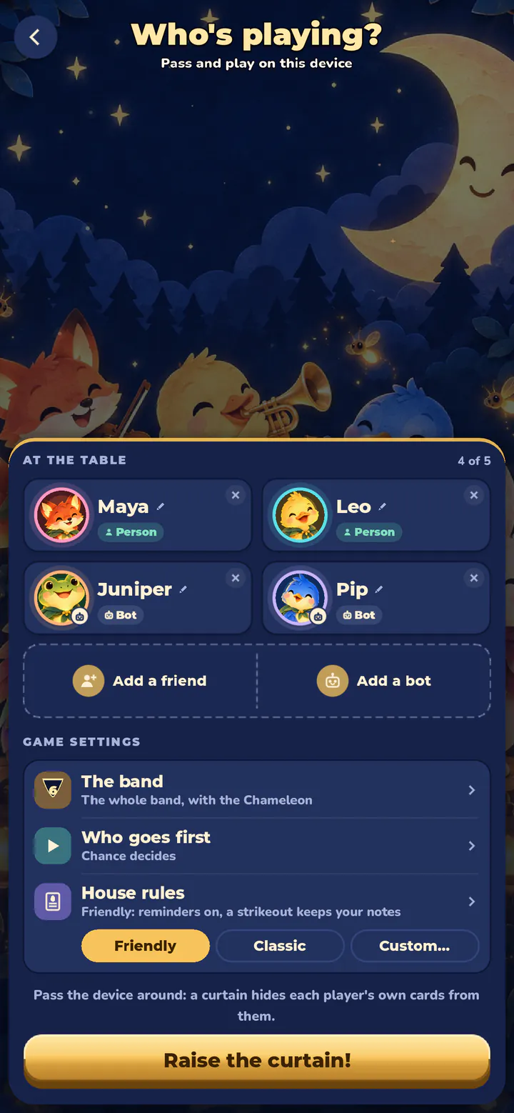 Who's playing? Any mix of people and bots, two to five.