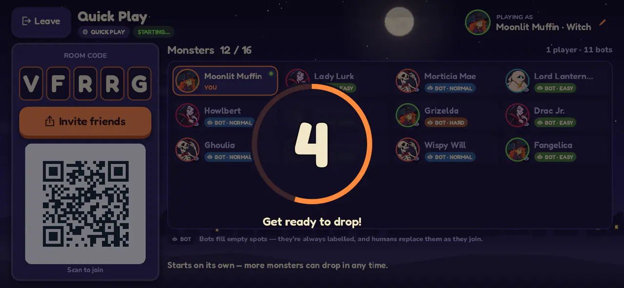 A Quick Play room: twelve monsters, every bot labelled, the drop counting down