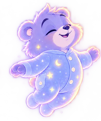 The bear cub as a glowing, starry Dreamer, floating and smiling.