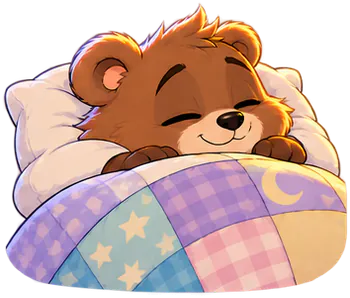 The bear cub tucked into bed under a patchwork quilt.