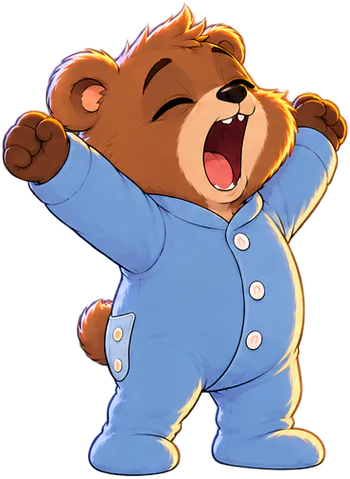 The bear cub in a blue onesie gives a giant yawn.