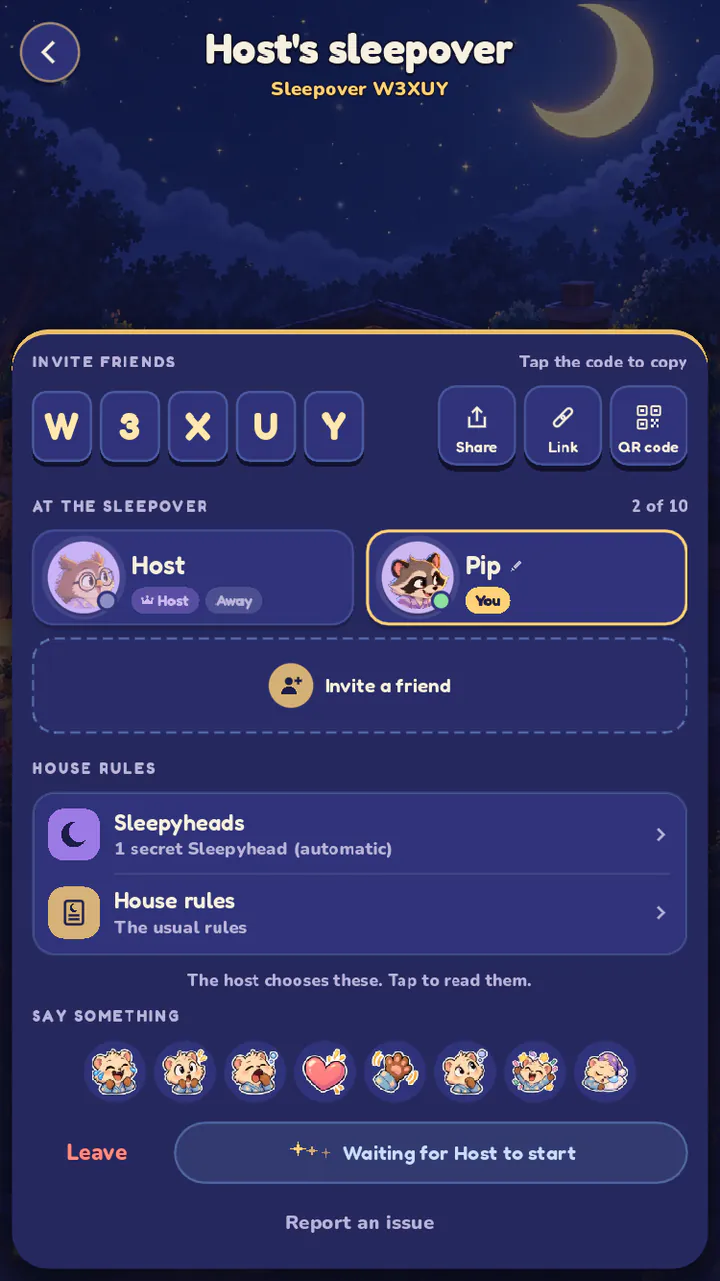 A sleepover's lobby: the code to share, who's here, and the house rules.