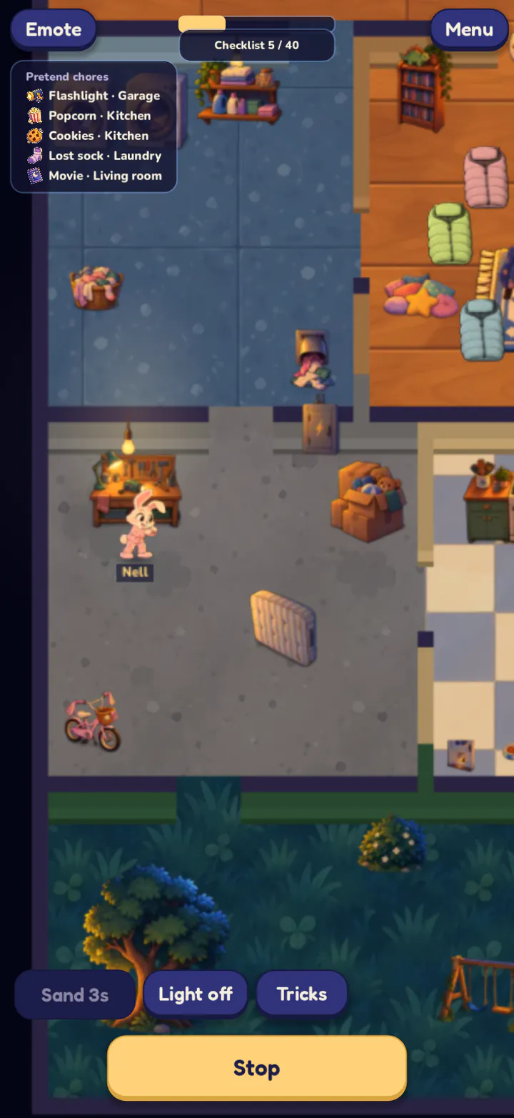 A Sleepyhead's phone: pretend chores, sleep sand, a light to switch off, and tricks.