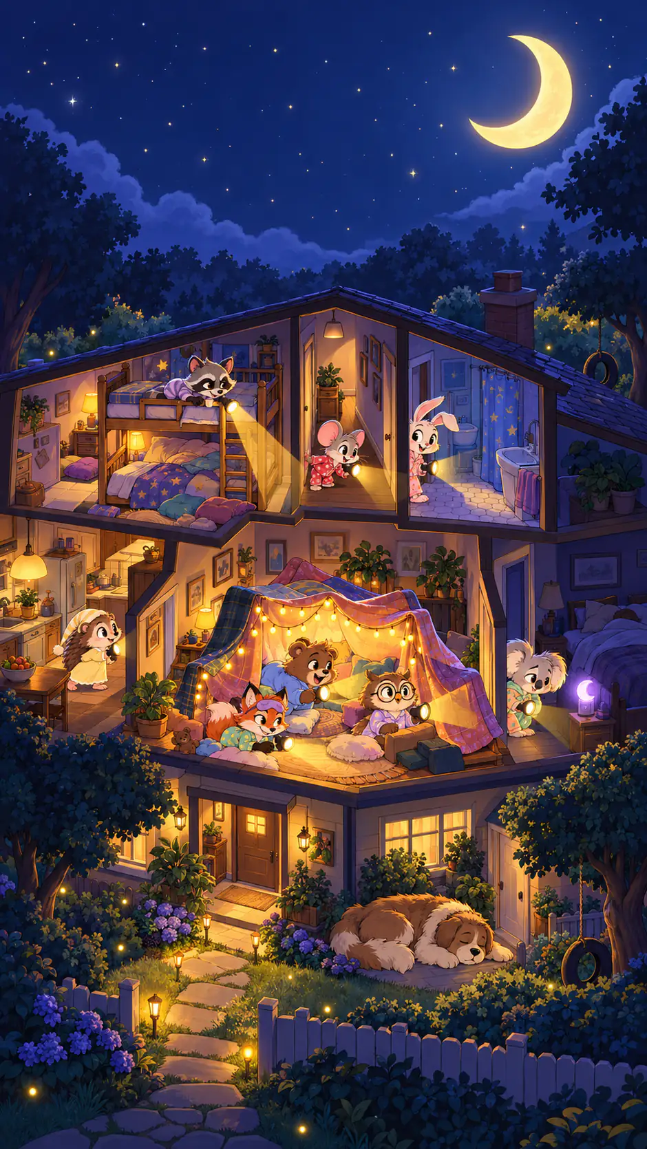 A cozy house at night, cut open like a dollhouse: critters in pajamas peek out with flashlights, a blanket fort glows in the middle, and the dog sleeps in the yard.