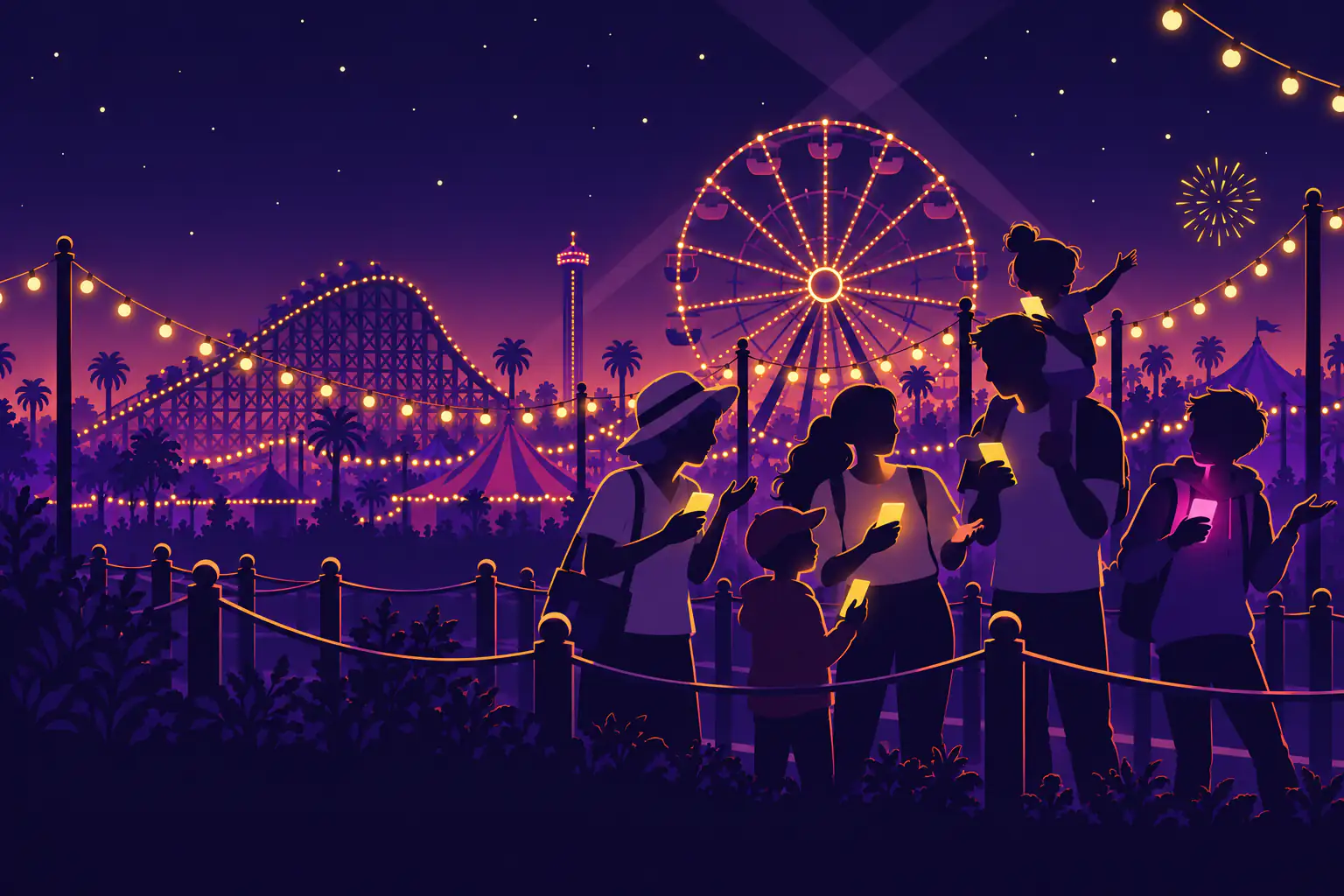 Illustration: a family waits in a theme park line at night, each holding a phone that glows gold, except one teenager whose phone glows pink.