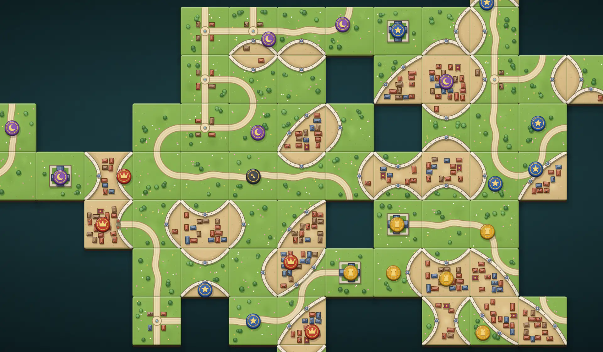 A realm drawn by the game: green fields, walled towns with red and blue roofs, winding roads and abbeys, with five players' followers on them.