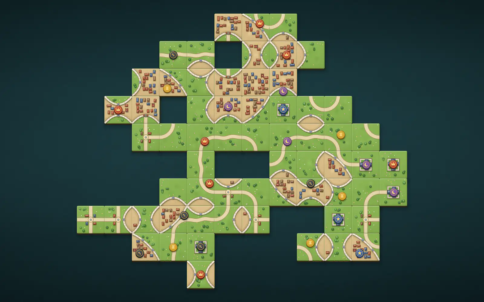 A whole realm from one five-player game, drawn by Realmstead: fields, towns, roads, abbeys and followers in five colours.