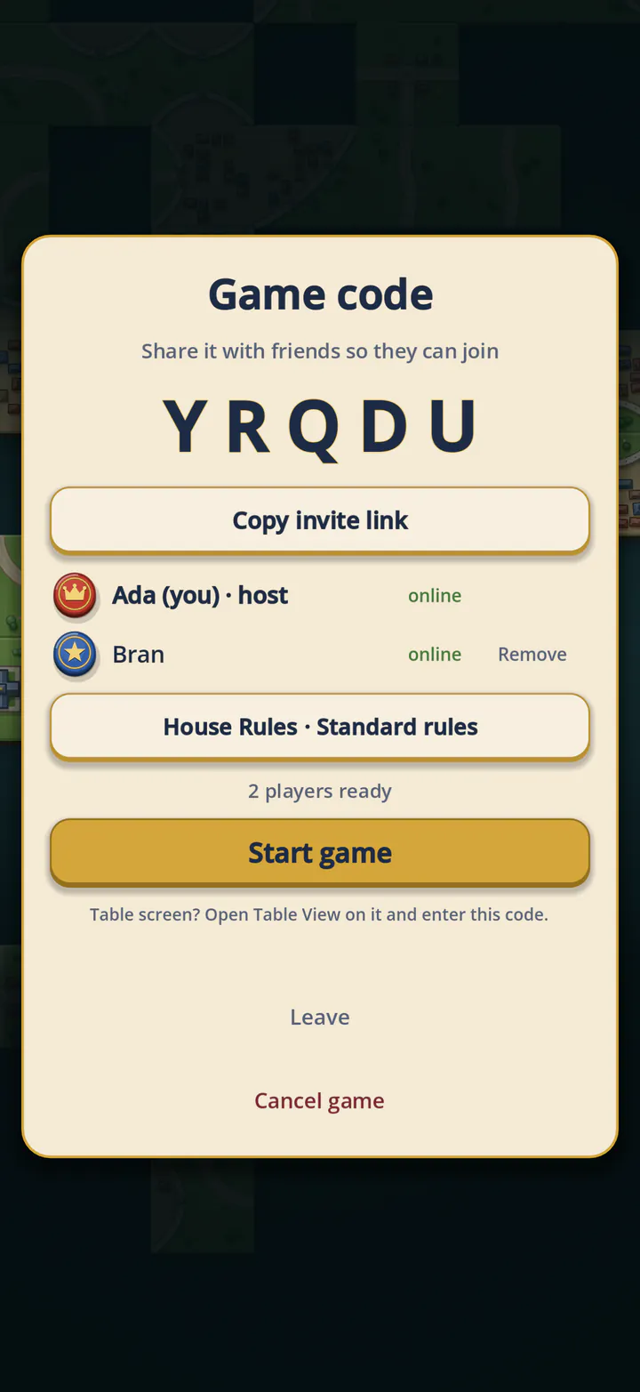 Online: share the five-letter code, then start.