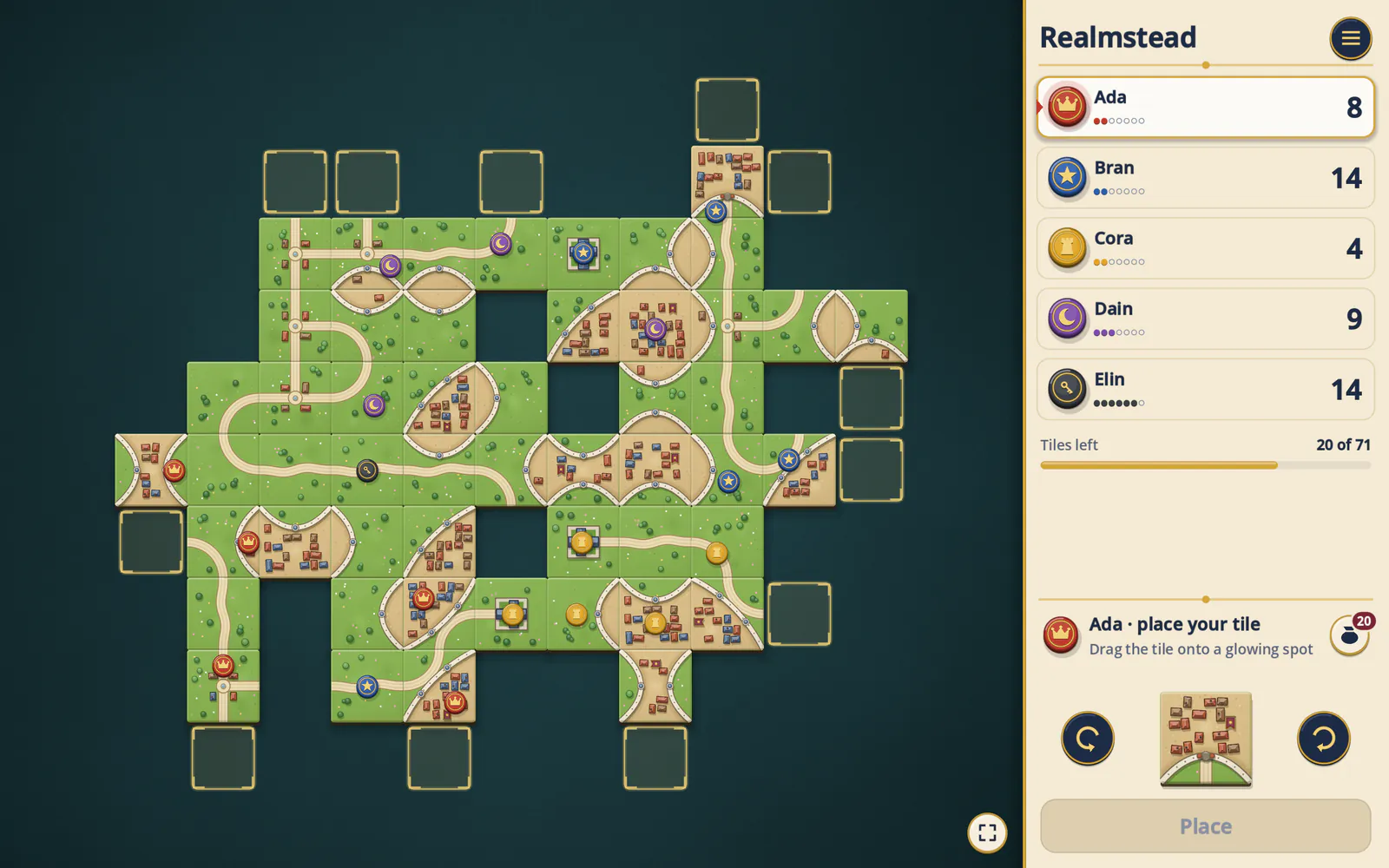 On a tablet or computer, the board sits left and your tile right.