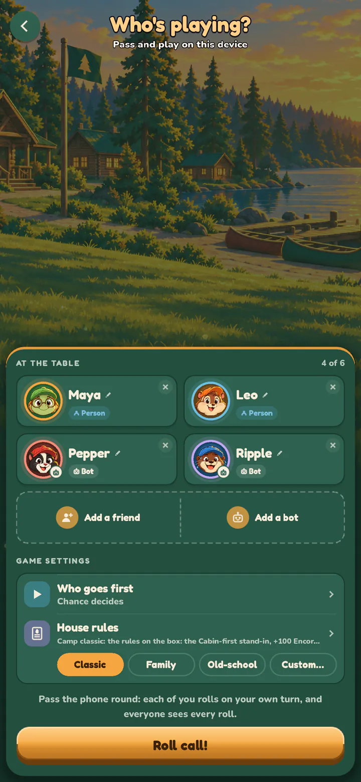 Wer spielt mit? Menschen und Camper-Bots, bis zu sechs
