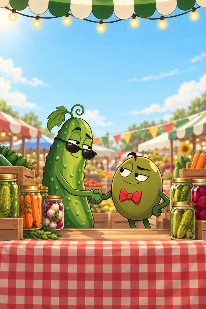 Dilly the cucumber, in sunglasses, shakes hands with Ollie the olive across a market stall of pickle jars, under a striped awning and string lights.