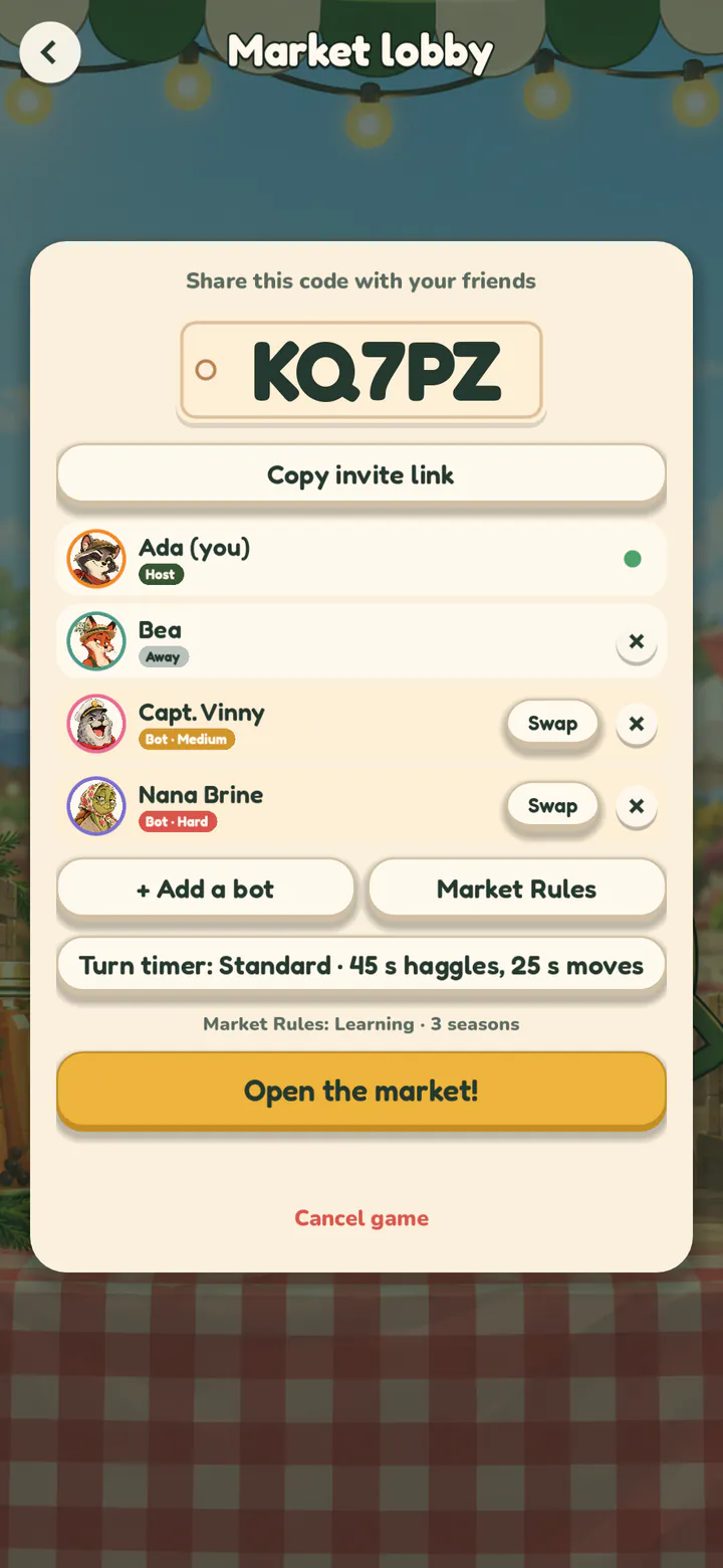 An online market's lobby: share the code, add bots, set the timer.