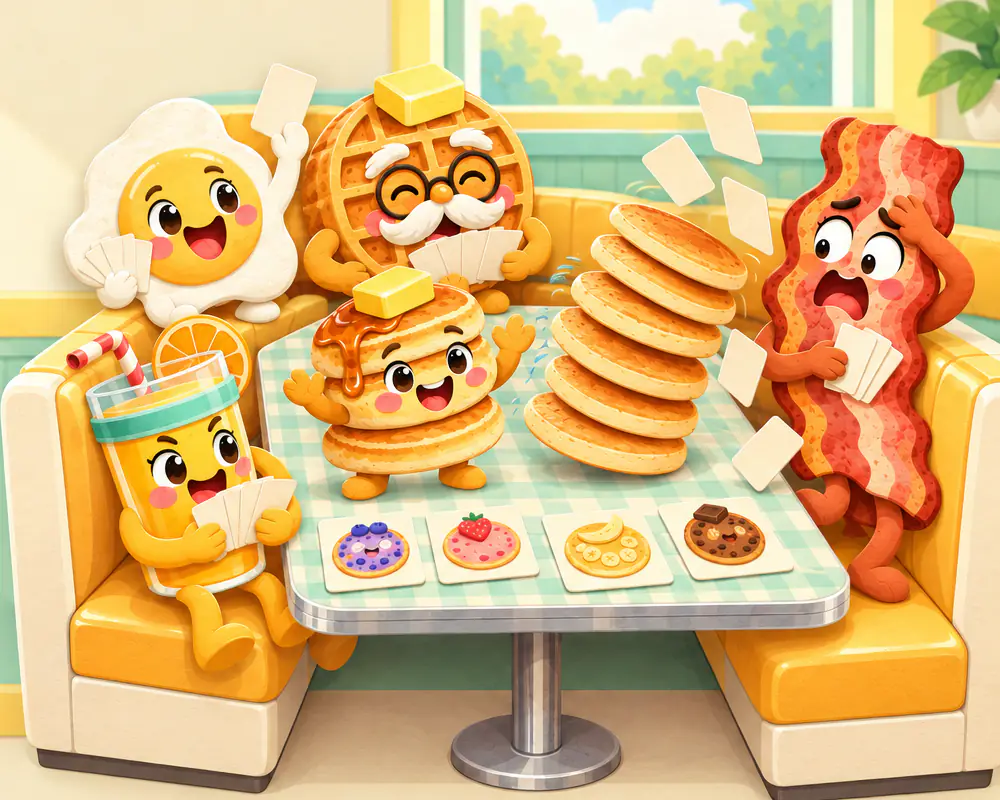 Breakfast characters play cards in a sunny diner booth while a tall pancake tower topples toward Crispin the bacon and Shorty, a short stack of pancakes, cheers on the table.