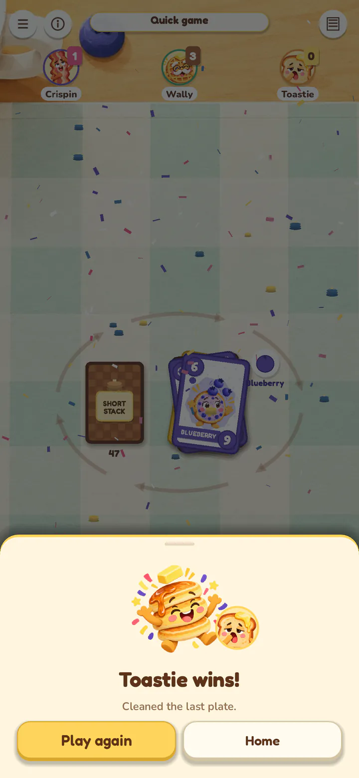A clean plate, a winner, and Play again.