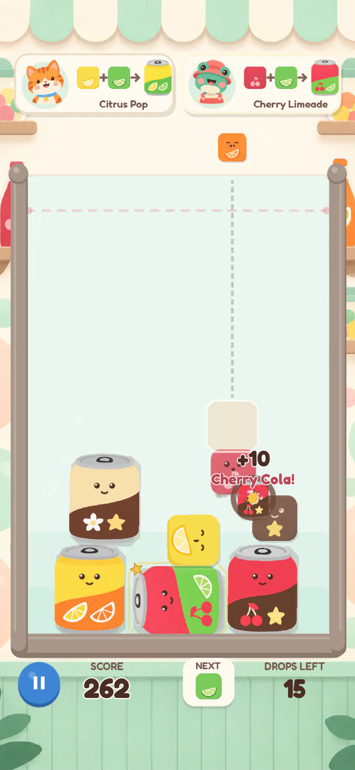 Cherry와 Cola가 닿아 Cherry Cola 캔이 되고 10점을 얻어요.