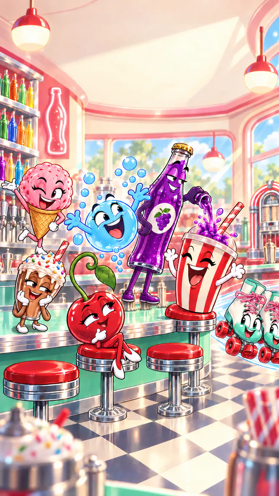 The Pop Shop, a sunny retro soda fountain: Fizzy the bubble, a Grape soda pouring into a Jumbo Cup, a Cherry on a red stool, a Scoop, a Milkshake and a pair of Roller Skates.