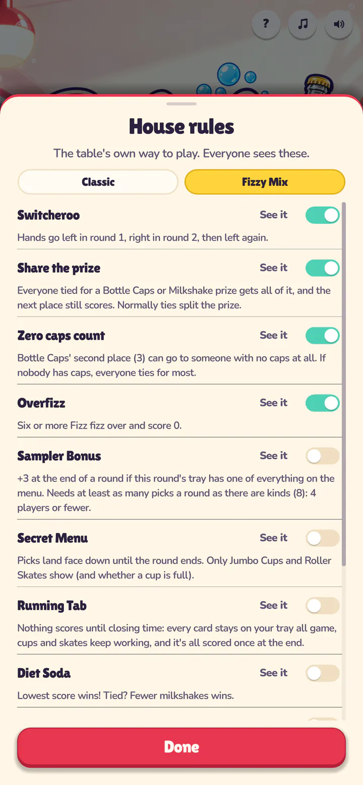 Twelve house rules, set before you start.