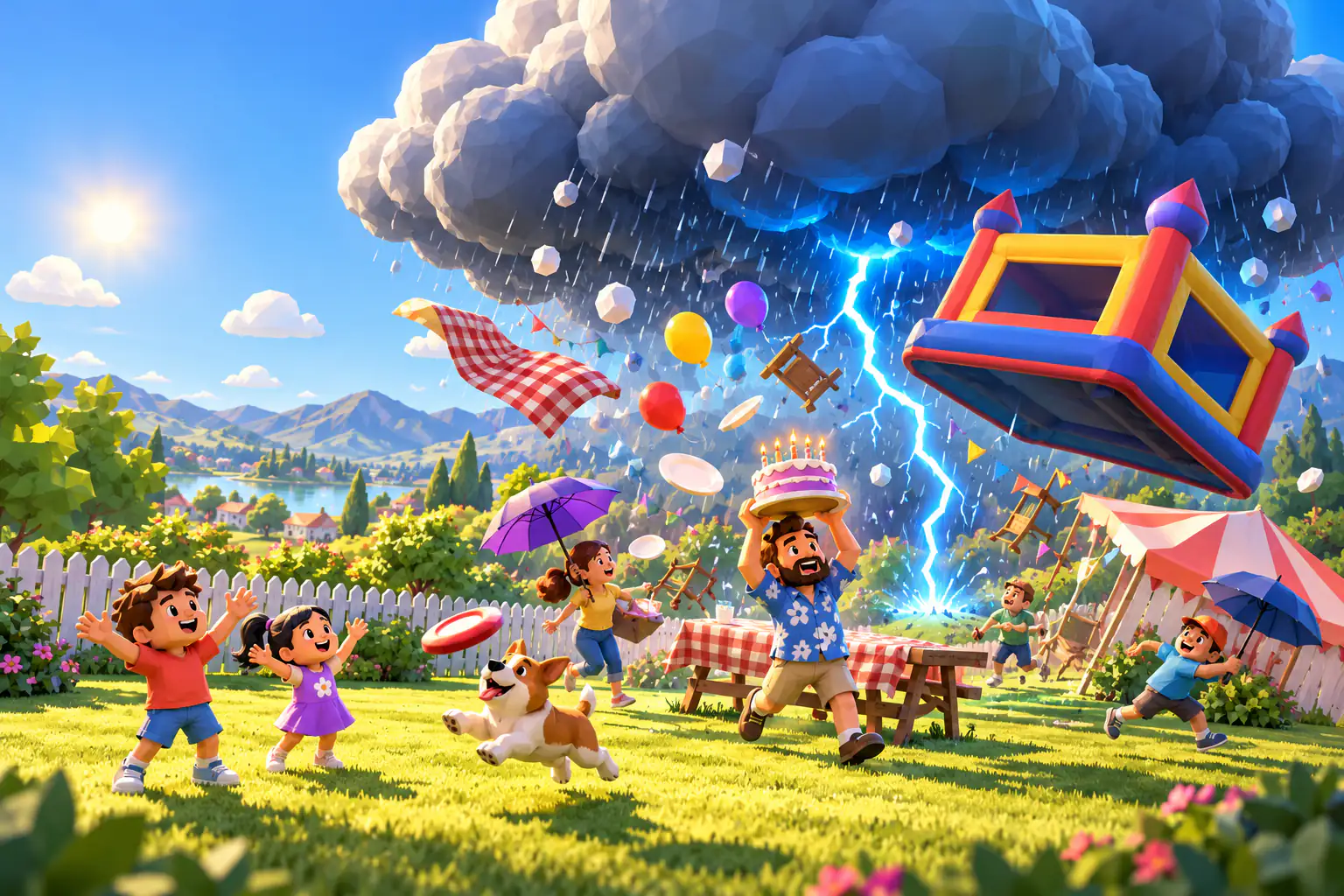 Illustration: a giant storm cloud rains on a sunny backyard birthday party. A bounce house blows away, a dad rescues the cake and two kids cheer.