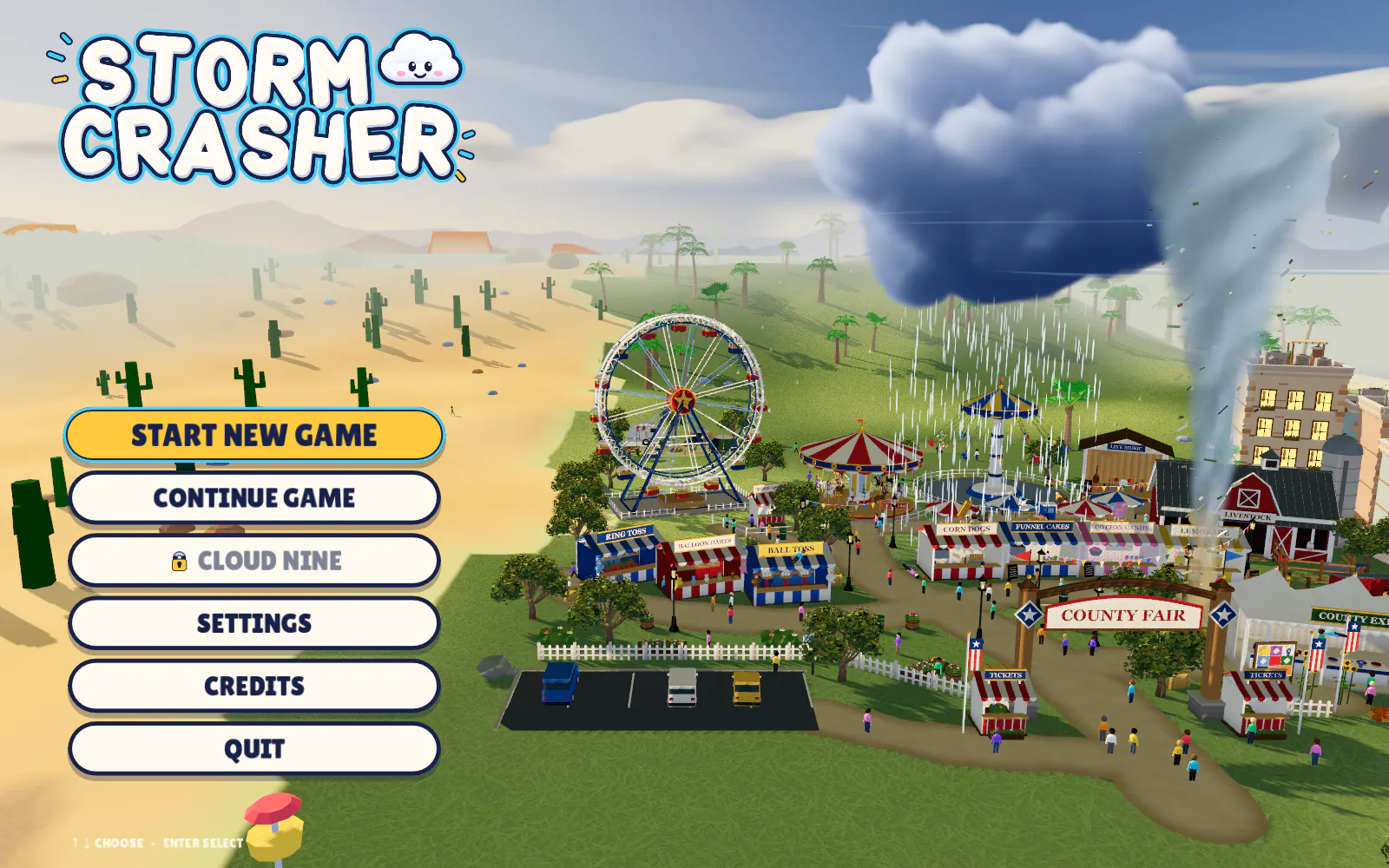 The title screen: a thunderstorm drops in on the County Fair.