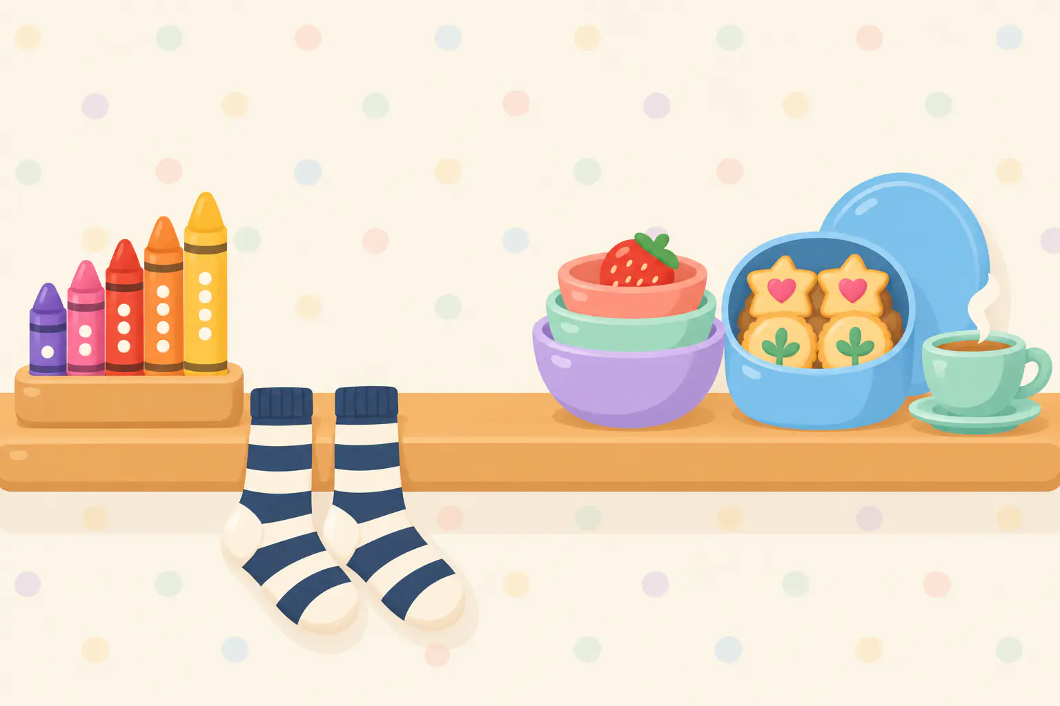 Illustration in Tiny Tidy's style: a tidy shelf with five crayons standing short to tall, a pair of striped socks, nested bowls with a strawberry, a tin of iced cookies and a cup of tea, and Pip, the game's little blue bird, sitting happily among them.
