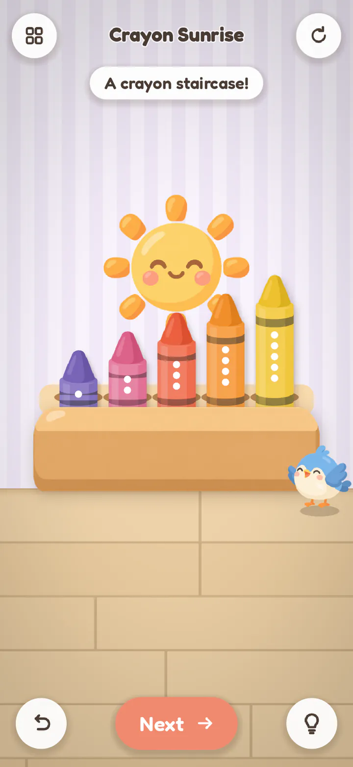 Crayon Sunrise finished: five crayons standing short to tall, a smiling sun risen behind them, and Pip.