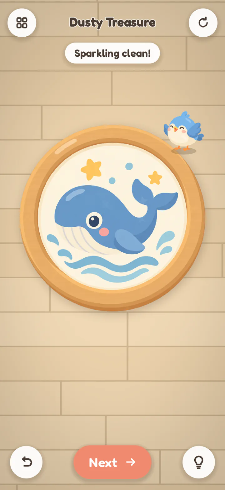 Dusty Treasure finished: a picture of a smiling whale, “Sparkling clean!” and Pip.