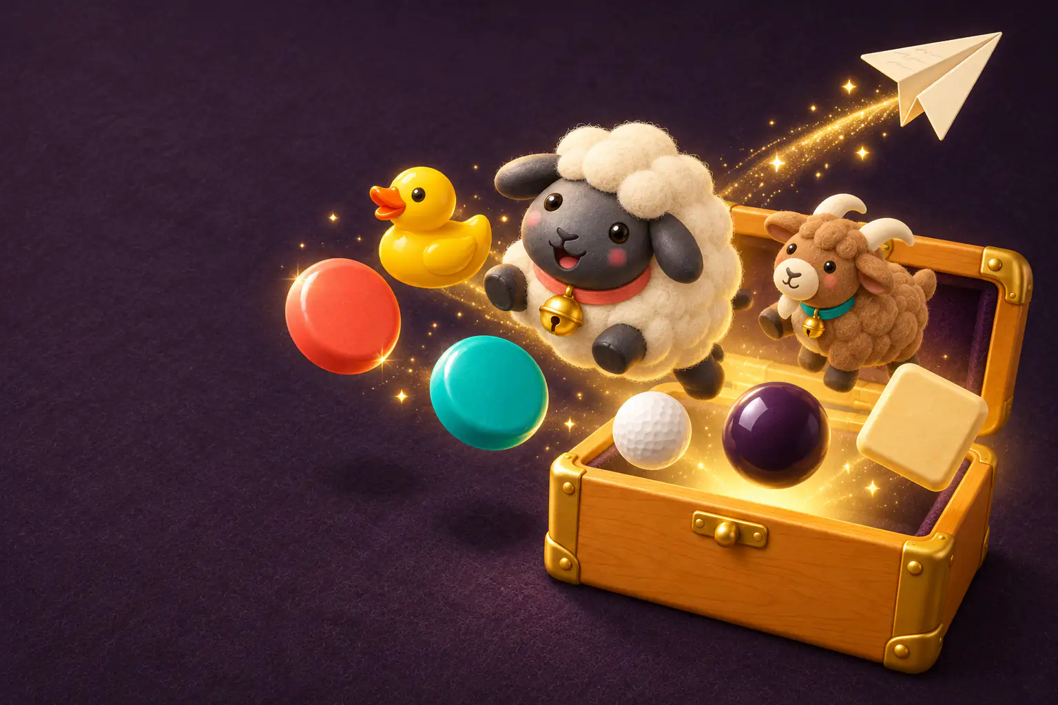 Toys hop out of an open honey-maple toy box on a plum felt table: a felted sheep, a goat, a rubber duck, glossy coral and teal gumdrops, a golf ball and a pool ball, while a paper plane flies off trailing sparkles.