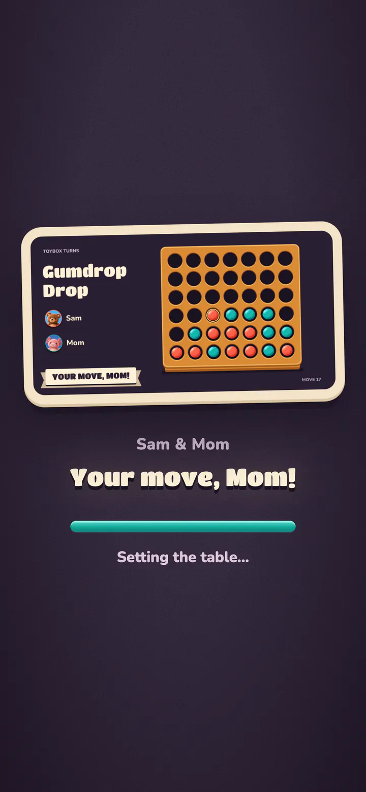 Mom taps Sam's link: the board is there before the game loads.