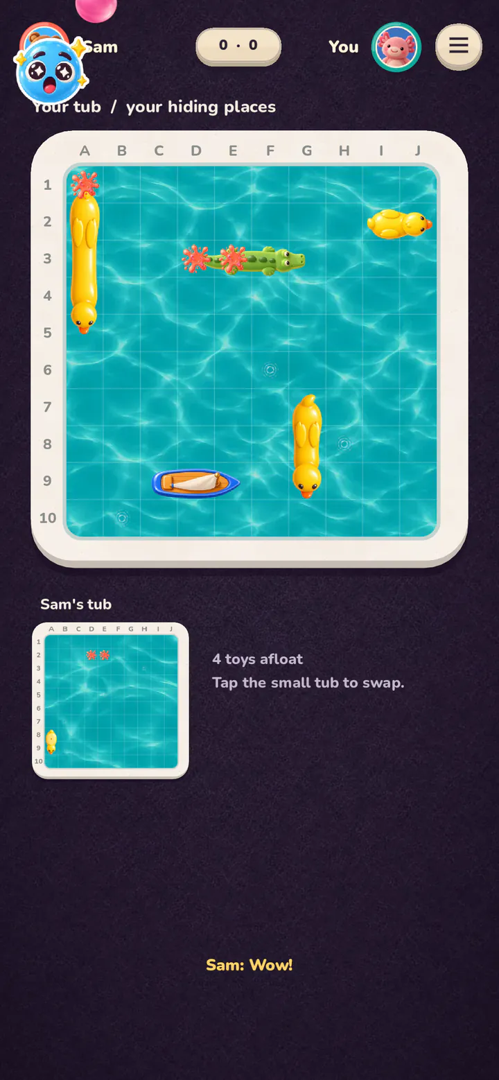 Duck Duck Splash: a balloon lands in Mom's tub.