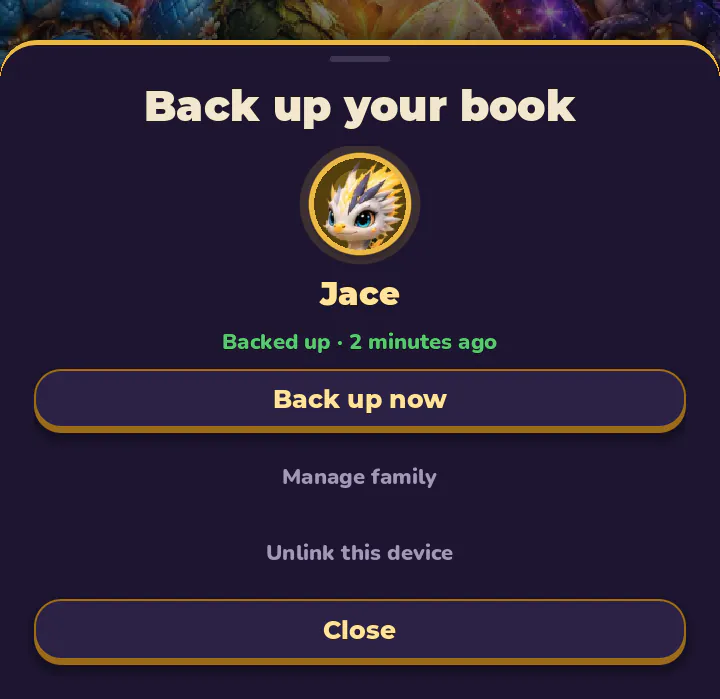 Jace's backup on the device: Backed up, 2 minutes ago, with a Back up now button