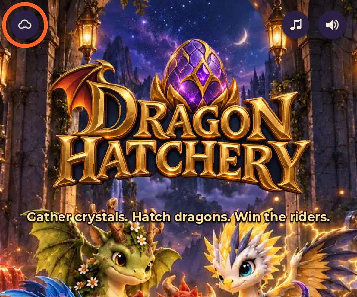 The Dragon Hatchery title screen, with the cloud button circled in the top left corner
