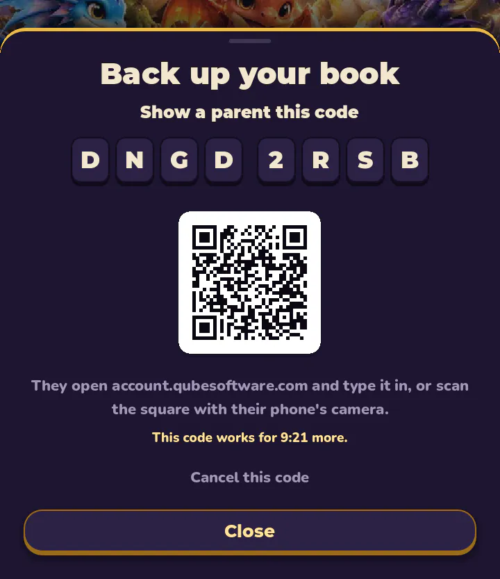 The game showing the code DNGD 2RSB, a QR code below it, and how long the code still works